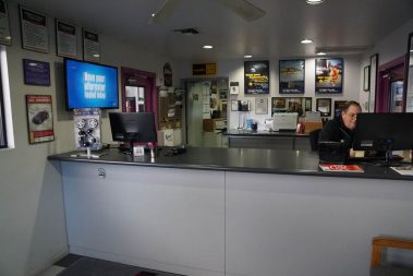 The front desk at the Muffler Shop