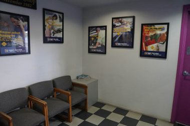 The waiting area at the Muffler Shop